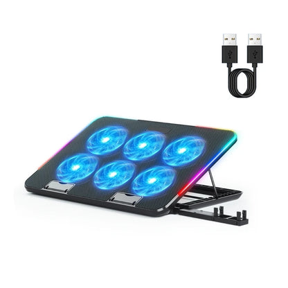 New Laptop Cooler Laptop Cooling Pad Notebook Gaming Cooler Stand with 6 LED Fan 2 USB Ports Phone Holder for 15.6in Laptop