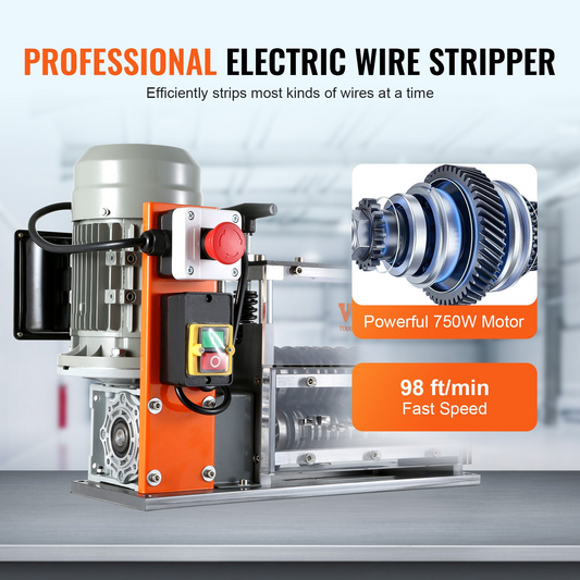 VEVOR Automatic Wire Stripping Machine, 0.06''-1.26'' Electric Motorized Cable Stripper, 750 W, 98 ft/min Wire Peeler with Visible Stripping Depth Reference, 10 Channels for Scrap Copper Recycling