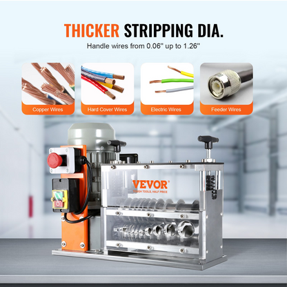 VEVOR Automatic Wire Stripping Machine, 0.06''-1.26'' Electric Motorized Cable Stripper, 750 W, 98 ft/min Wire Peeler with Visible Stripping Depth Reference, 10 Channels for Scrap Copper Recycling