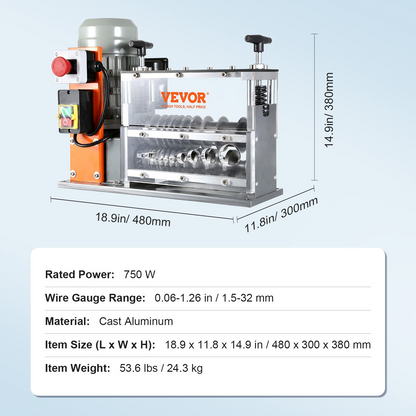 VEVOR Automatic Wire Stripping Machine, 0.06''-1.26'' Electric Motorized Cable Stripper, 750 W, 98 ft/min Wire Peeler with Visible Stripping Depth Reference, 10 Channels for Scrap Copper Recycling