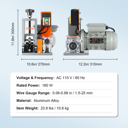 VEVOR Automatic Wire Stripping Machine, 0.06''-0.98'' Electric Motorized Cable Stripper, 180 W, 60 ft/min Wire Peeler with Visible Stripping Depth Reference, for Scrap Copper Recycling