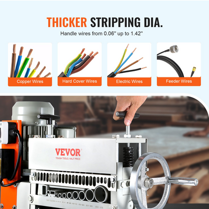 VEVOR Automatic Wire Stripping Machine, 0.06''-1.42'' Electric Motorized Cable Stripper, 370 W, 88 ft/min Wire Peeler with An Extra Manual Crank, 11 Channels for Scrap Copper Recycling