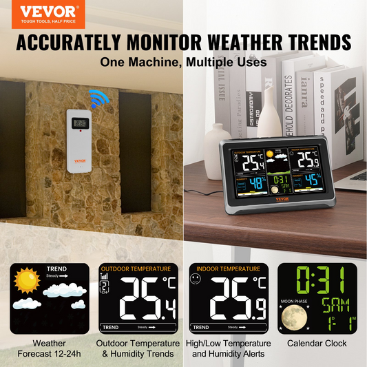 VEVOR Weather Station Indoor Outdoor, 7.5 in Large Color Display, Wireless Digital Home Weather Station, with Sensor Atomic Clock Adjustable Backlight Forecast Data Calendar Alarm Alert Temperature