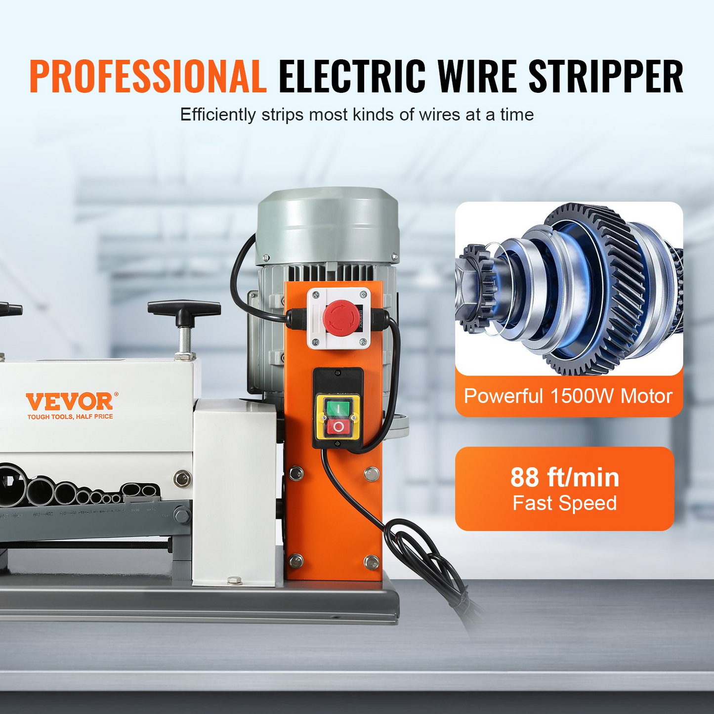 VEVOR Automatic Wire Stripping Machine, 0.06''-1.57'' Electric Motorized Cable Stripper, 1500 W, 88 ft/min Wire Peeler with Double Blades (Cut/Peel), 9 Channels for Scrap Copper Recycling