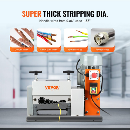 VEVOR Automatic Wire Stripping Machine, 0.06''-1.57'' Electric Motorized Cable Stripper, 1500 W, 88 ft/min Wire Peeler with Double Blades (Cut/Peel), 9 Channels for Scrap Copper Recycling