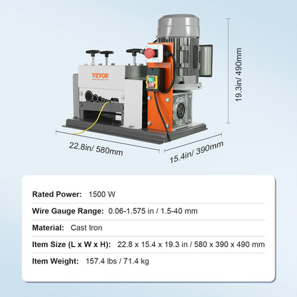 VEVOR Automatic Wire Stripping Machine, 0.06''-1.57'' Electric Motorized Cable Stripper, 1500 W, 88 ft/min Wire Peeler with Double Blades (Cut/Peel), 9 Channels for Scrap Copper Recycling