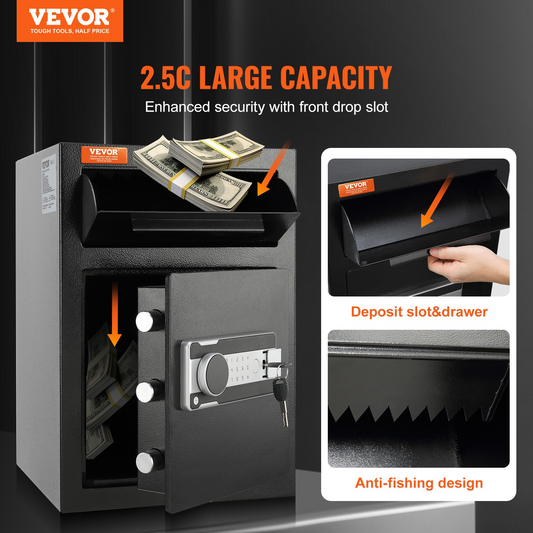 VEVOR 2.5 Cub Depository Safe, Deposit Safe with Drop Slot, Electronic Code Lock and 2 Emergency Keys, 20.27'' x 13.97'' x 13.97'' Business Drop Slot Safe for Cash, Mail in Home, Hotel, Office