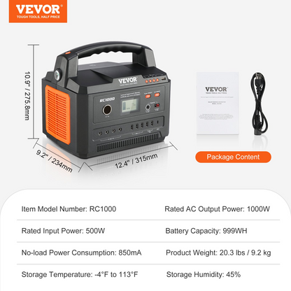 VEVOR Portable Power Station Solar Generator 999Wh 1000W with 12 Charging Ports