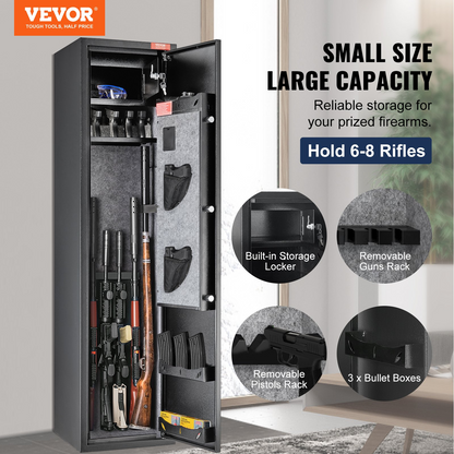 VEVOR 6 Rifles Gun Safe, Rifle Safe with Digital Keypad & Lock, Gun Storage Cabinet for Shotguns with Built-in Storage Locker, Removable Storage Shelf for Home Long Gun and Pistols