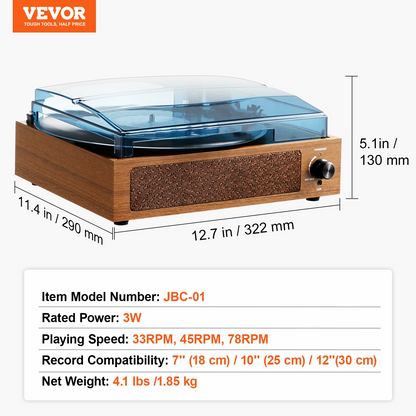 VEVOR Vinyl Record Player, 3-Speed, Belt Driven Turntable Record Player with Built-in 3W Speaker Magnetic Cartridge, Support 33/45/78 RPM Bluetooth Aux in RCA Output, for 7/10 /12 in Vinyl Records