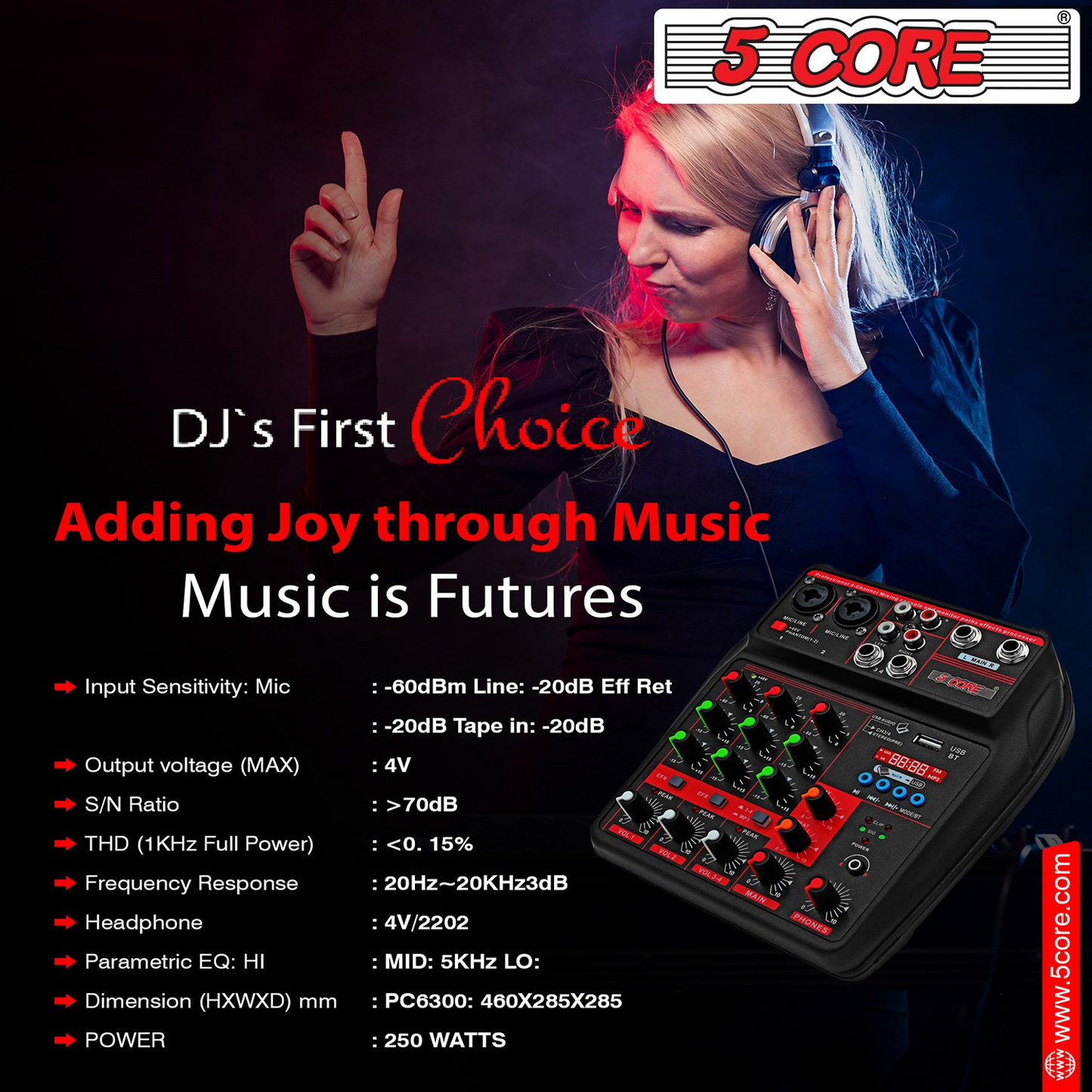 5 Core Audio Mixer 4 Channel DJ Equipment with Bluetooth USB Sound Board Console