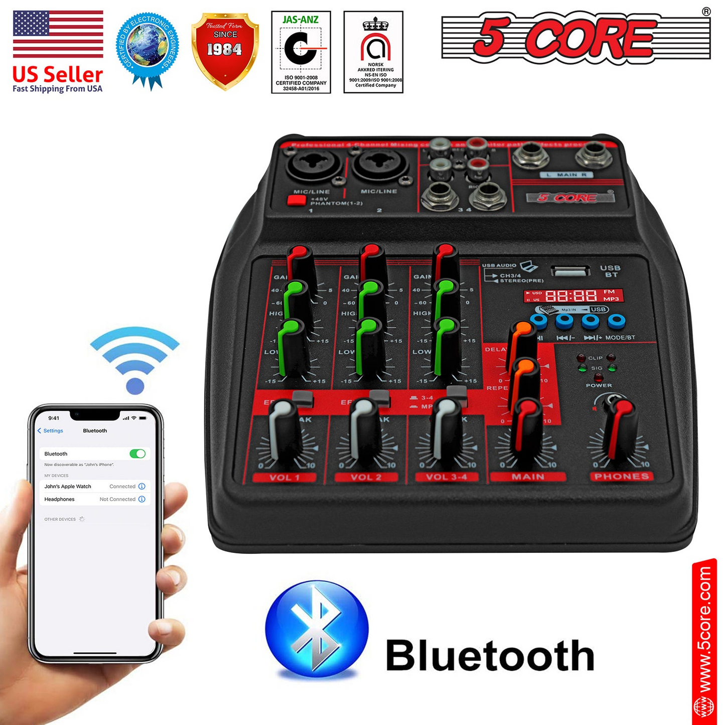 5 Core Audio Mixer 4 Channel DJ Equipment with Bluetooth USB Sound Board Console