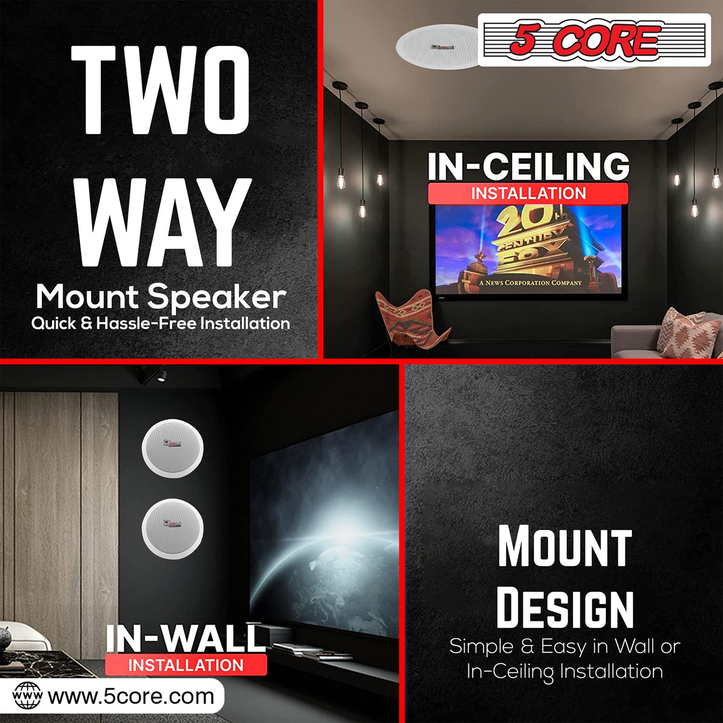 5Core Ceiling Speaker 6.5 Inch In Wall 2 Way Home Audio Mount 60W Sound System