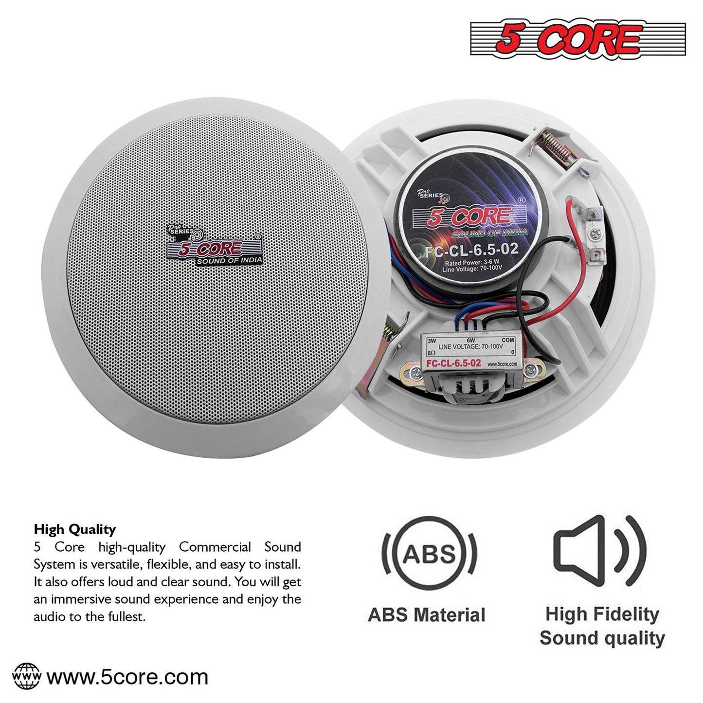 5Core Ceiling Speaker 6.5 Inch In Wall 2 Way Home Audio Mount 60W Sound System