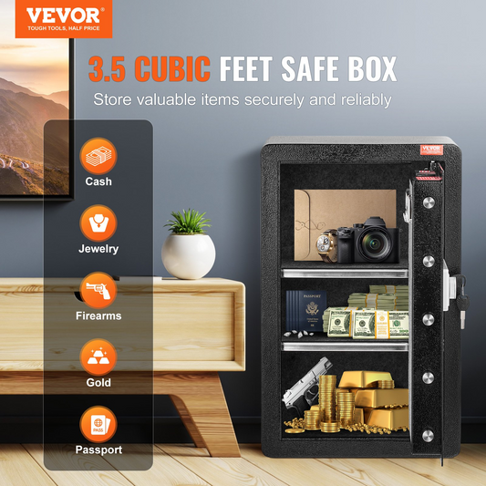 VEVOR Single Door 3.5 cu.ft Safe Box with Key Lock & Password LED Light Black,organize cash, passports, jewelry, gold, watches and documents