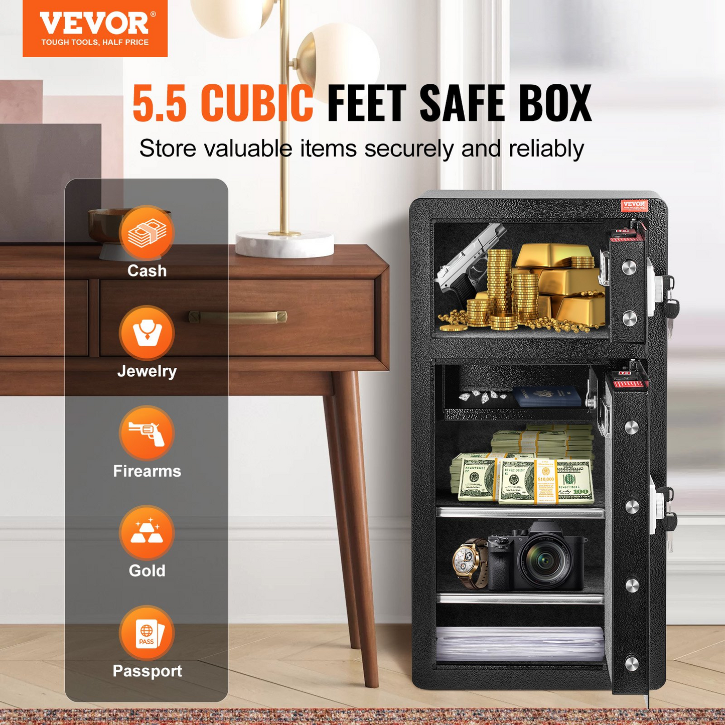 VEVOR Double Door 5.5 cu.ft Safe Box with Key Lock Password Cabinet Black,organize cash, passports, jewelry, gold, watches and documents