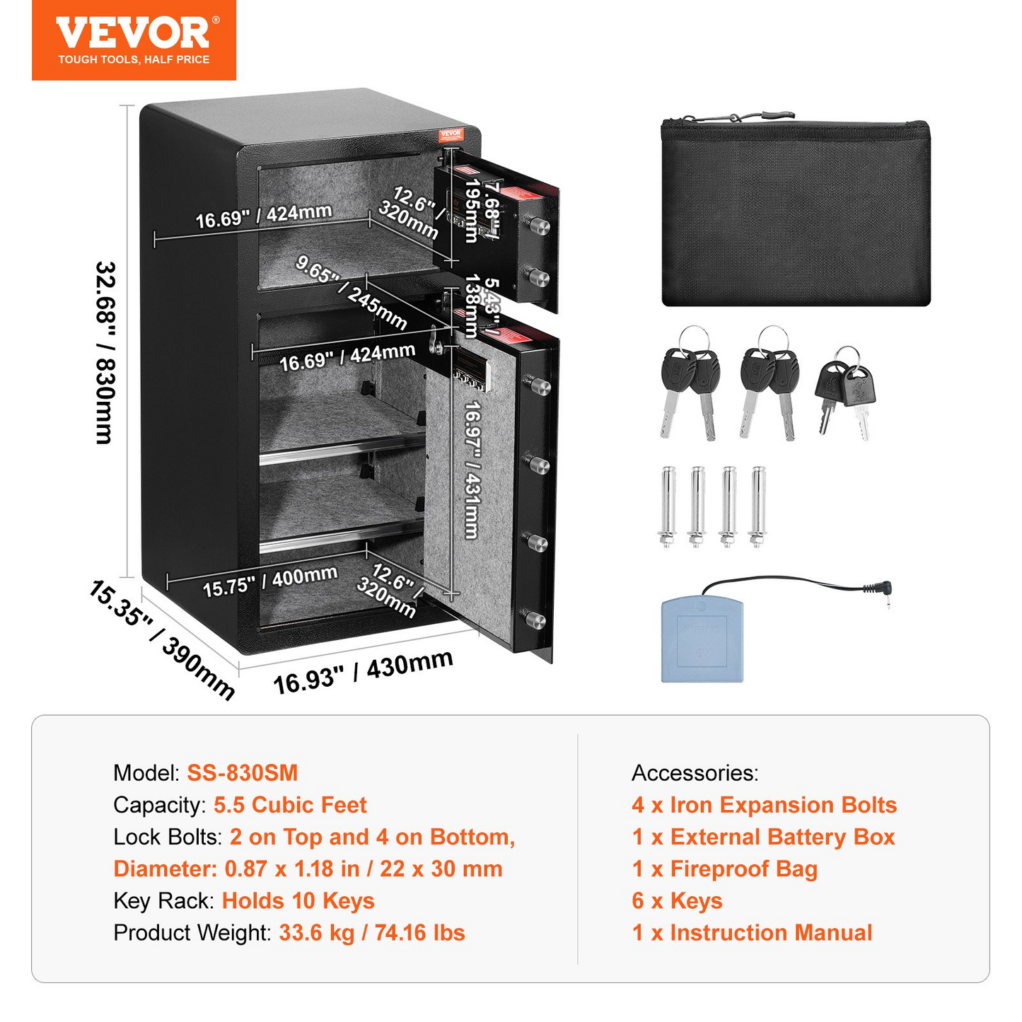 VEVOR Double Door 5.5 cu.ft Safe Box with Key Lock Password Cabinet Black,organize cash, passports, jewelry, gold, watches and documents