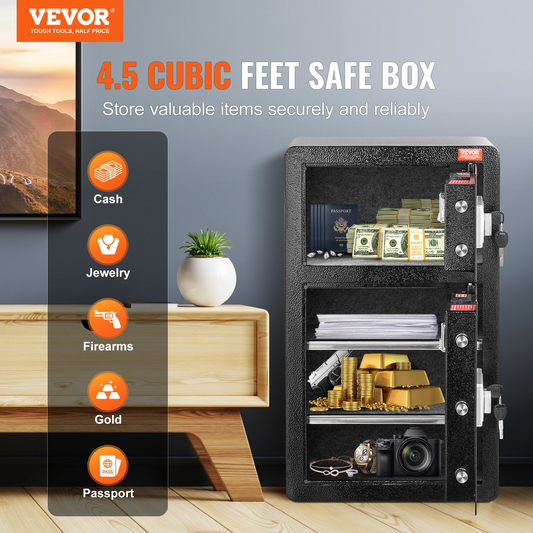 VEVOR Double Door 4.5 cu.ft Safe Box with Key Lock Password Fireproof Bag Black,organize cash, passports, jewelry, gold, watches and documents