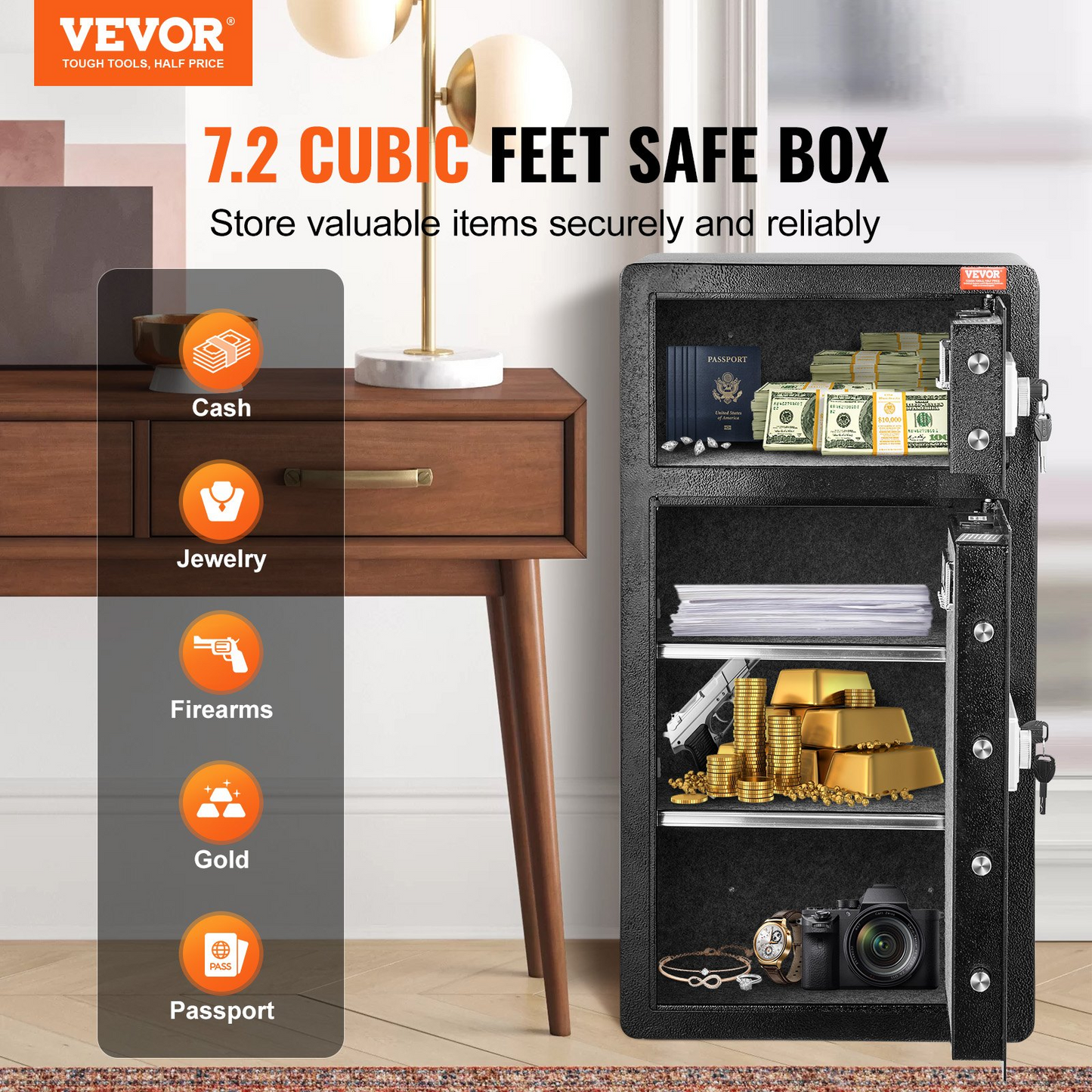 VEVOR Double Door 7.2 cu.ft Safe Box with Key Lock Password Cabinet Black,organize cash, passports, jewelry, gold, watches and documents