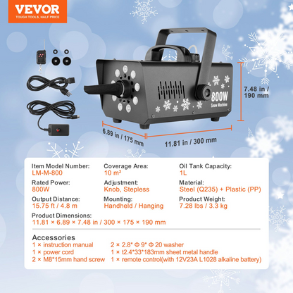 VEVOR Snow Machine 800W Handheld Hanging Snow Maker with LED Light for Holidays