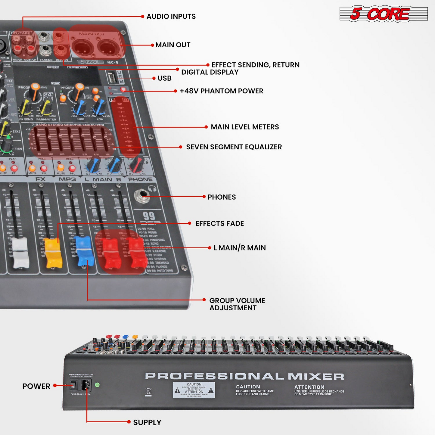 5 Core Audio Mixer 8 Channel DJ Equipment with Bluetooth USB Console Sound Board