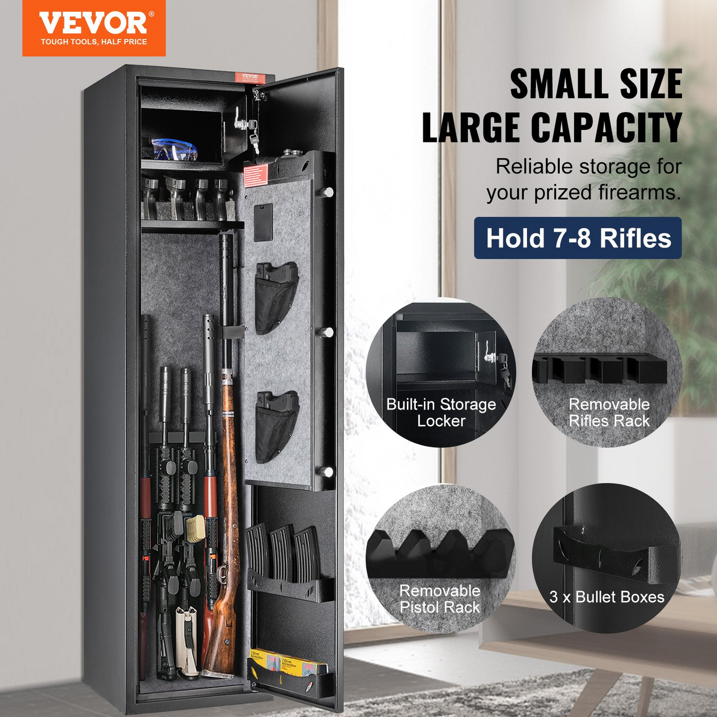 VEVOR 6 Rifles Gun Safe, Rifle Safe with Digital Keypad & Lock, Gun Storage Cabinet for Shotguns with Built-in Storage Locker, Removable Storage Shelf for Home Long Gun and Pistols