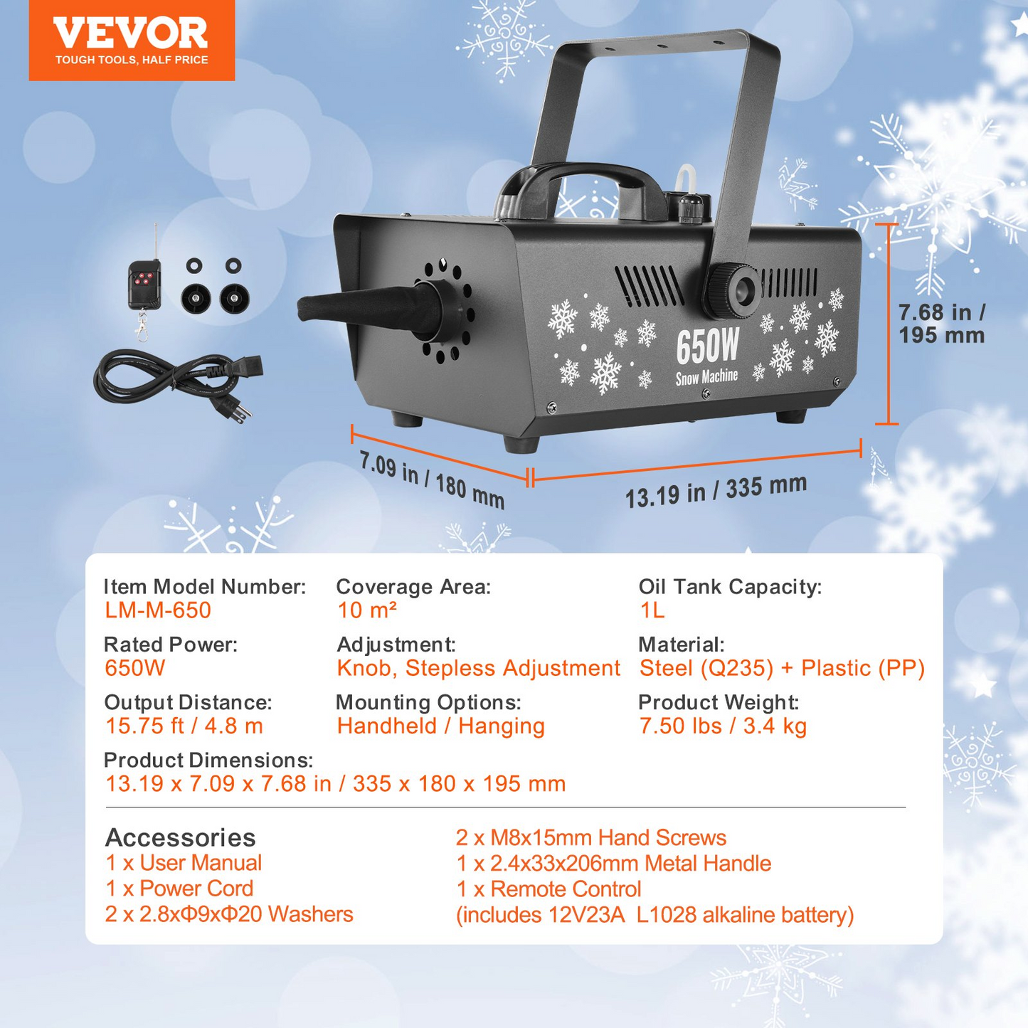 VEVOR Snow Machine 650W Handheld Hanging Snow Making Machine for Holidays