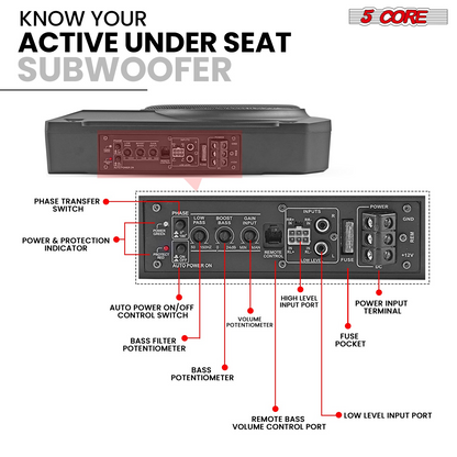 5Core 10 inch Slim Under Seat Car Audio Subwoofer 800W Built in Amplifier Sub Woofer Enclosure Box