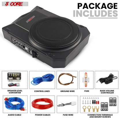 5Core 10 inch Slim Under Seat Car Audio Subwoofer 800W Built in Amplifier Sub Woofer Enclosure Box