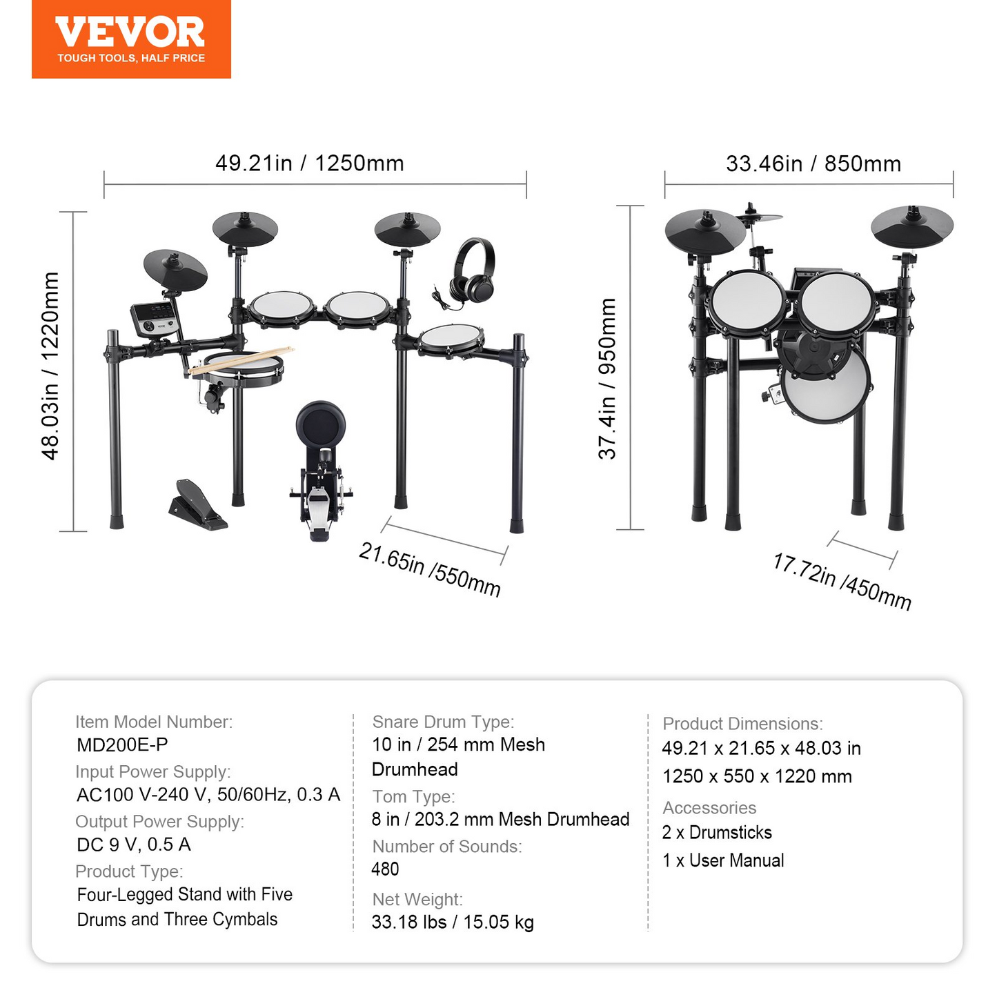 VEVOR Electric Drum Set Electronic Drum Kit 480 Sounds for Beginners & Adults