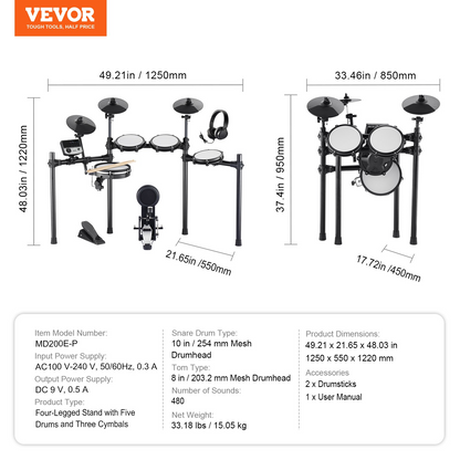 VEVOR Electric Drum Set Electronic Drum Kit 480 Sounds for Beginners & Adults