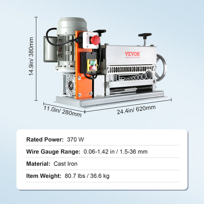 VEVOR Automatic Wire Stripping Machine, 0.06''-1.42'' Electric Motorized Cable Stripper, 370 W, 88 ft/min Wire Peeler with An Extra Manual Crank, 11 Channels for Scrap Copper Recycling